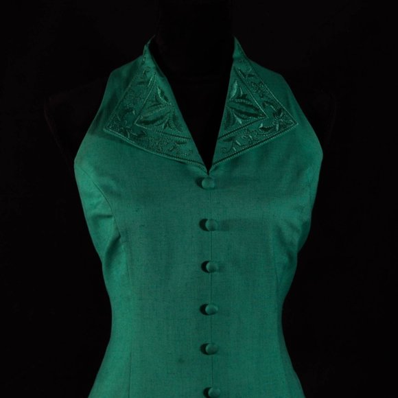 Vintage 1990s Ann Tobias Spring Green Linen Sheath Dress Detail Embroidery - Picture 6 of 12